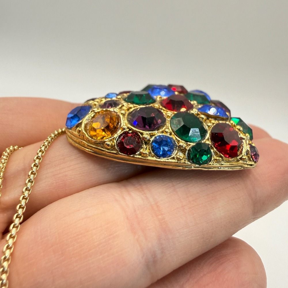 Rainbow Rhinestone Puffy Heart Necklace Vintage Gold Tone Long Chunky - Picture 6 of 8